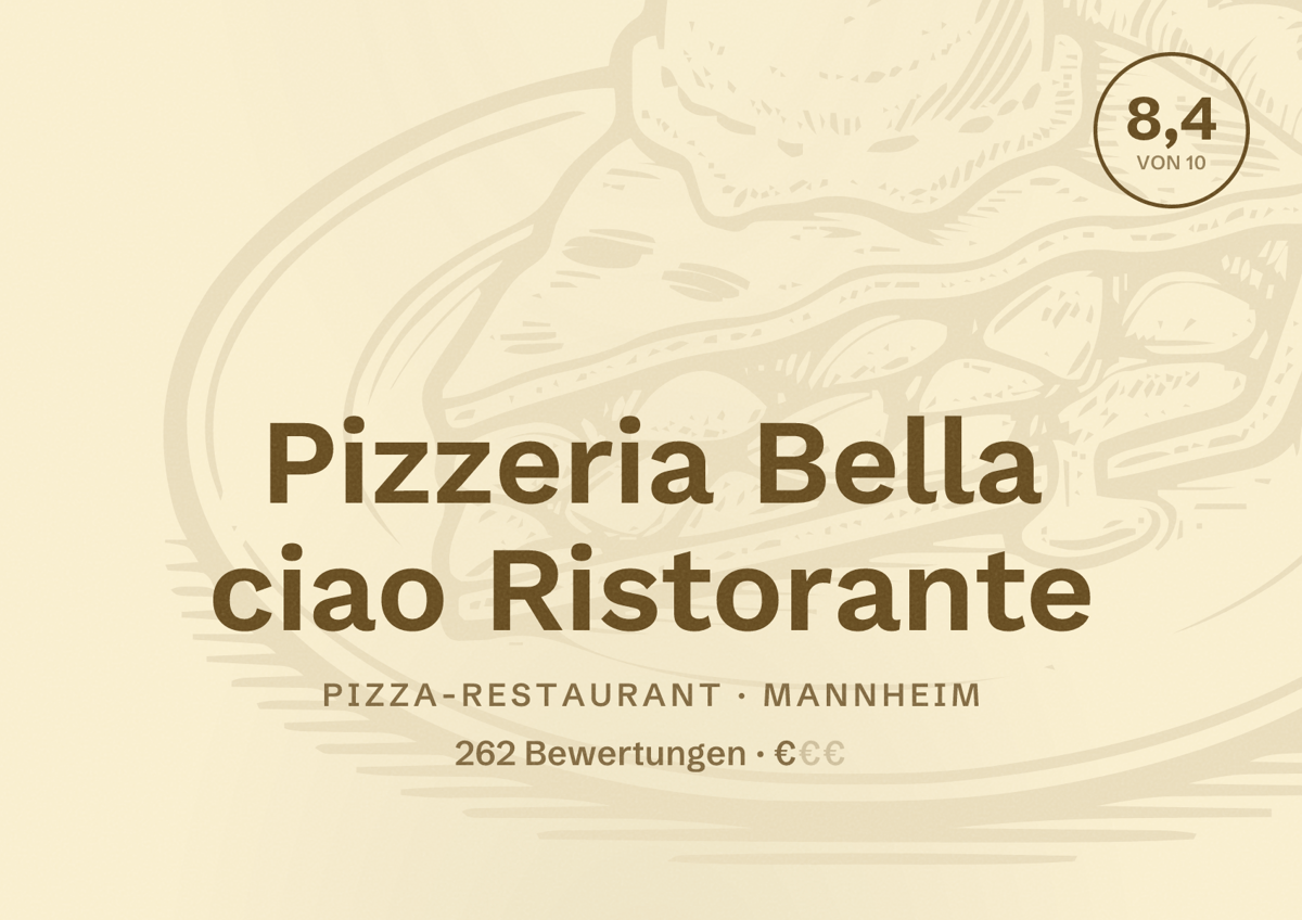 Illustriertes Poster von Pizzeria Bella ciao Ristorante, Pizza-Restaurant in Mannheim: Bewertung 8,4 von 10 aus 262 Bewertungen, Preisniveau €