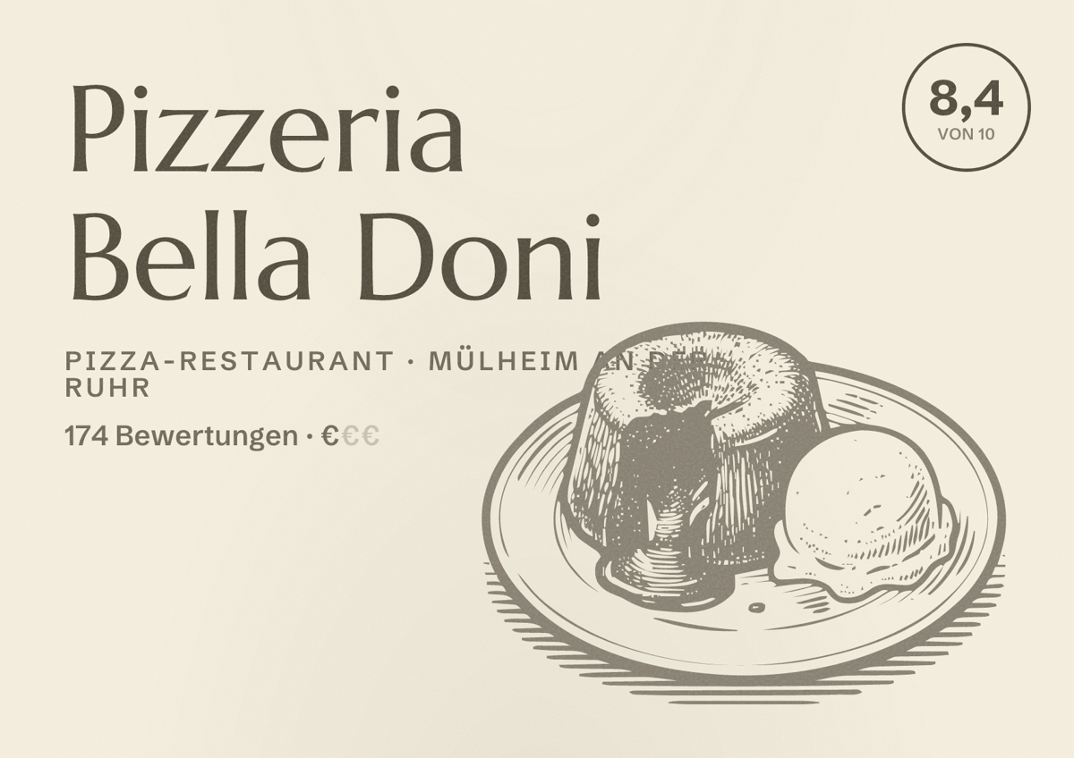 Illustriertes Poster von Pizzeria Bella Doni, Pizza-Restaurant in Mülheim an der Ruhr: Bewertung 8,4 von 10 aus 174 Bewertungen, Preisniveau €