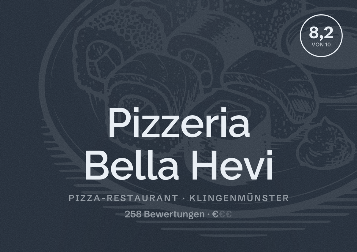 Illustriertes Poster von Pizzeria Bella Hevi, Pizza-Restaurant in Klingenmünster: Bewertung 8,2 von 10 aus 258 Bewertungen, Preisniveau €