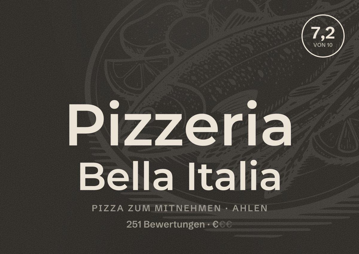 Illustriertes Poster von Pizzeria Bella Italia, Pizza zum Mitnehmen in Ahlen: Bewertung 7,2 von 10 aus 251 Bewertungen, Preisniveau €