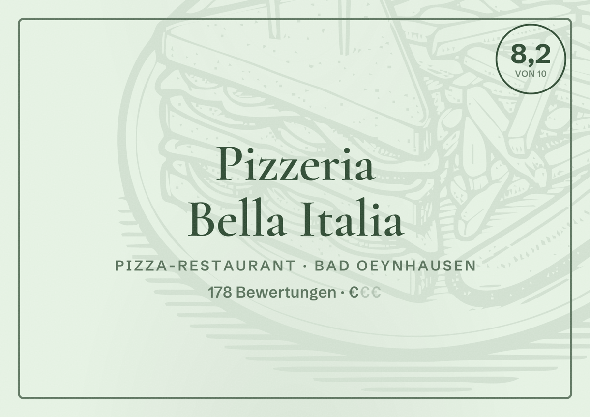 Illustriertes Poster von Pizzeria Bella Italia, Pizza-Restaurant in Bad Oeynhausen: Bewertung 8,2 von 10 aus 178 Bewertungen, Preisniveau €