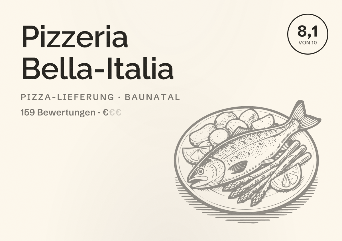 Illustriertes Poster von Pizzeria Bella-Italia, Pizza-Lieferung in Baunatal: Bewertung 8,1 von 10 aus 159 Bewertungen, Preisniveau €