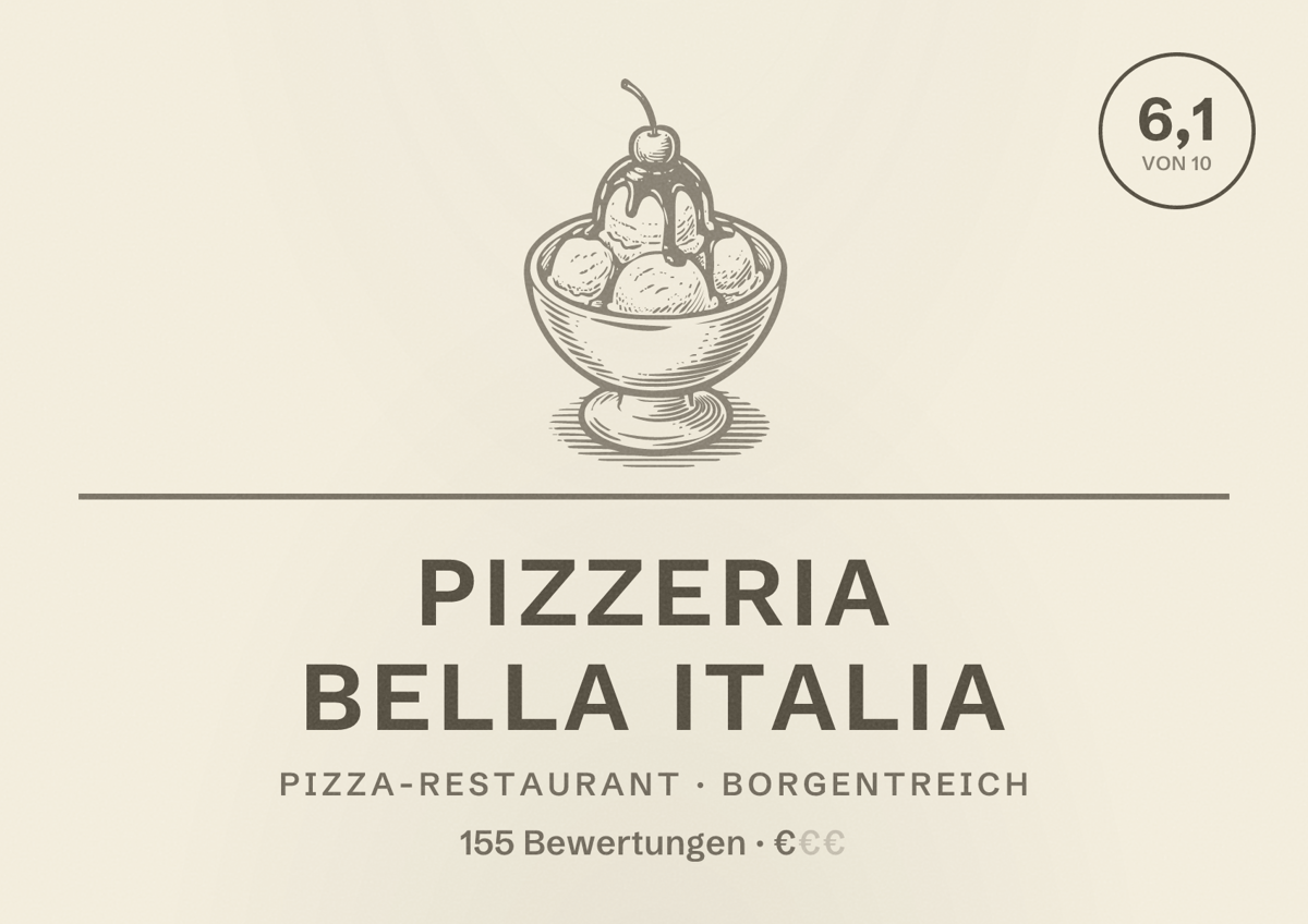Illustriertes Poster von Pizzeria Bella Italia, Pizza-Restaurant in Borgentreich: Bewertung 6,1 von 10 aus 155 Bewertungen, Preisniveau €