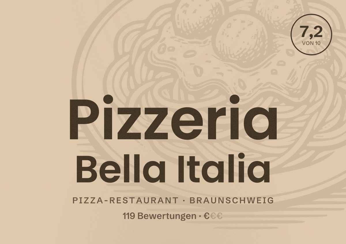 Illustriertes Poster von Pizzeria Bella Italia, Pizza-Restaurant in Braunschweig: Bewertung 7,2 von 10 aus 119 Bewertungen, Preisniveau €