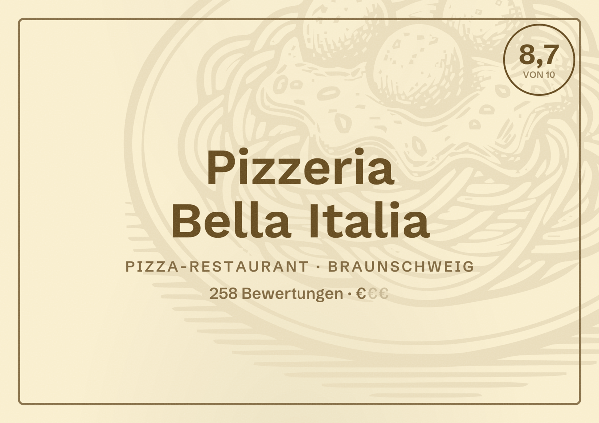 Illustriertes Poster von Pizzeria Bella Italia, Pizza-Restaurant in Braunschweig: Bewertung 8,7 von 10 aus 258 Bewertungen, Preisniveau €