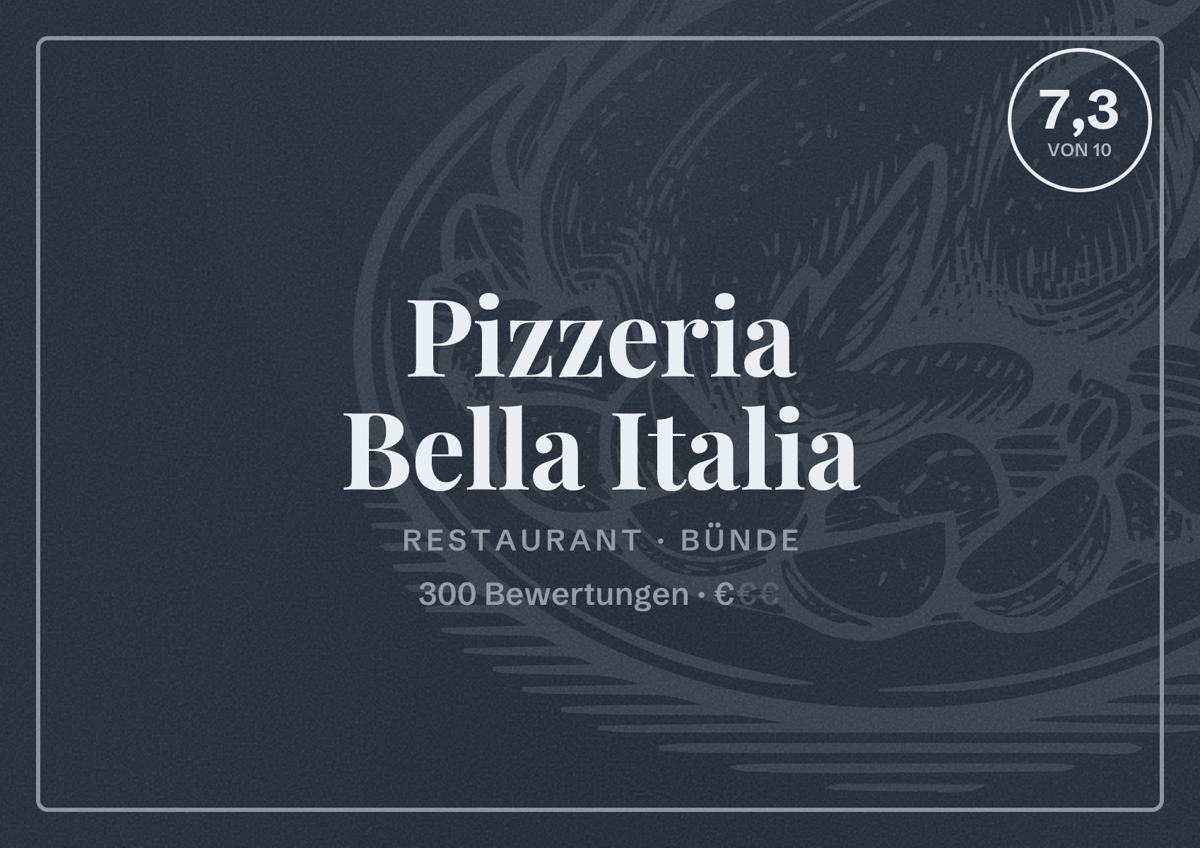 Illustriertes Poster von Pizzeria Bella Italia, Restaurant in Bünde: Bewertung 7,3 von 10 aus 300 Bewertungen, Preisniveau €