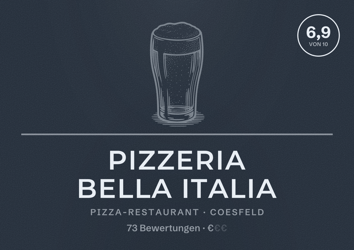 Illustriertes Poster von Pizzeria Bella Italia, Pizza-Restaurant in Coesfeld: Bewertung 6,9 von 10 aus 73 Bewertungen, Preisniveau €