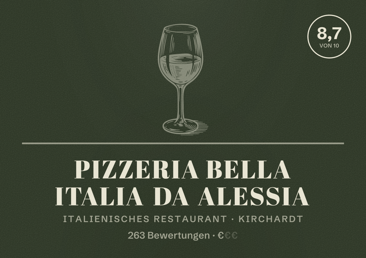 Illustriertes Poster von Pizzeria Bella Italia da Alessia, Italienisches Restaurant in Kirchardt: Bewertung 8,7 von 10 aus 263 Bewertungen, Preisniveau €