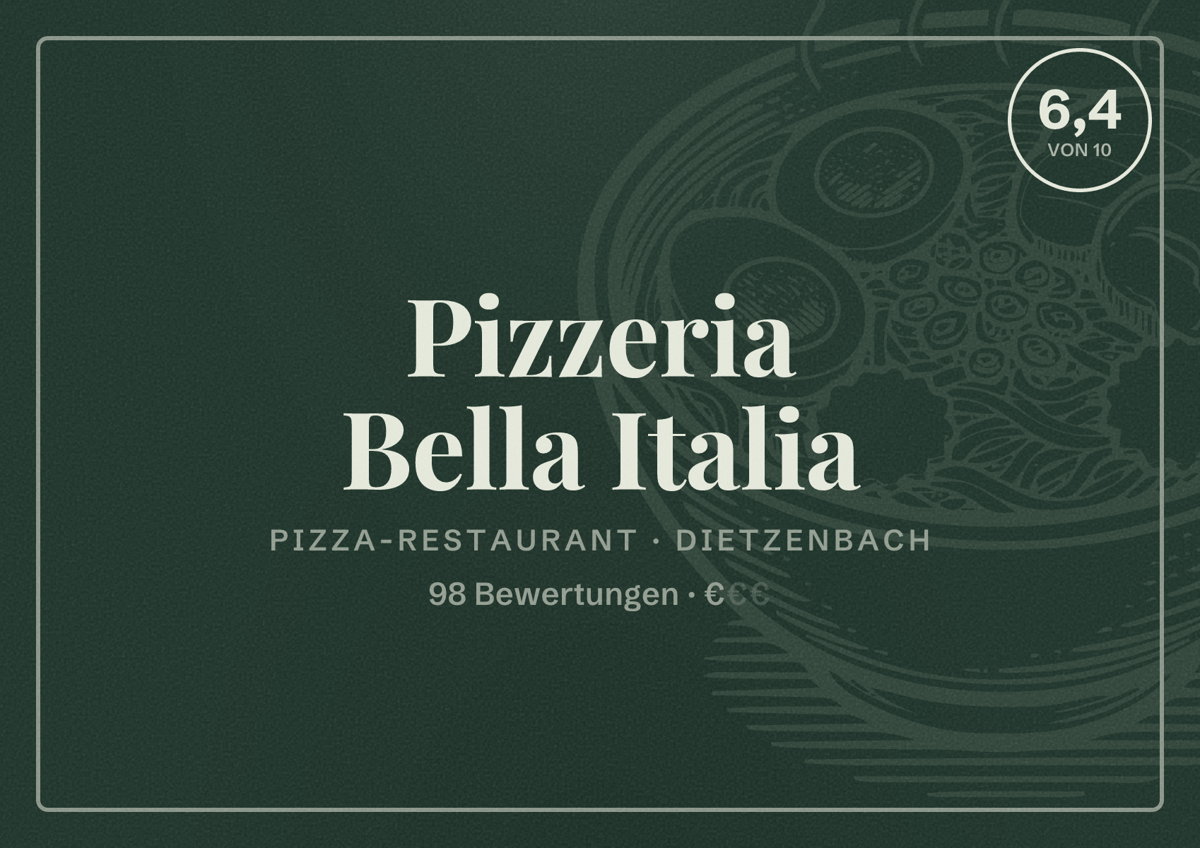 Illustriertes Poster von Pizzeria Bella Italia, Pizza-Restaurant in Dietzenbach: Bewertung 6,4 von 10 aus 98 Bewertungen, Preisniveau €