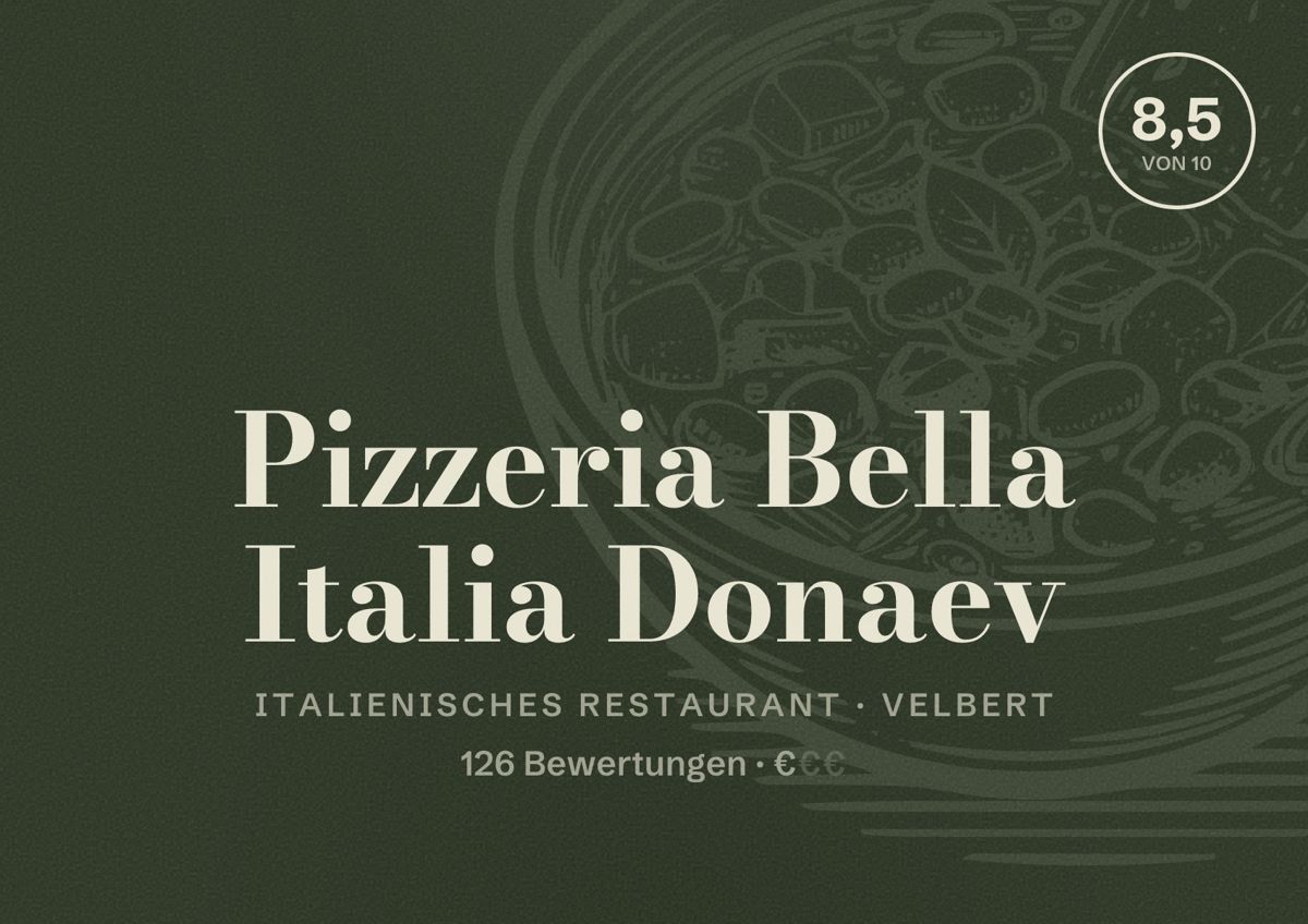 Illustriertes Poster von Pizzeria Bella Italia Donaev, Italienisches Restaurant in Velbert: Bewertung 8,5 von 10 aus 126 Bewertungen, Preisniveau €
