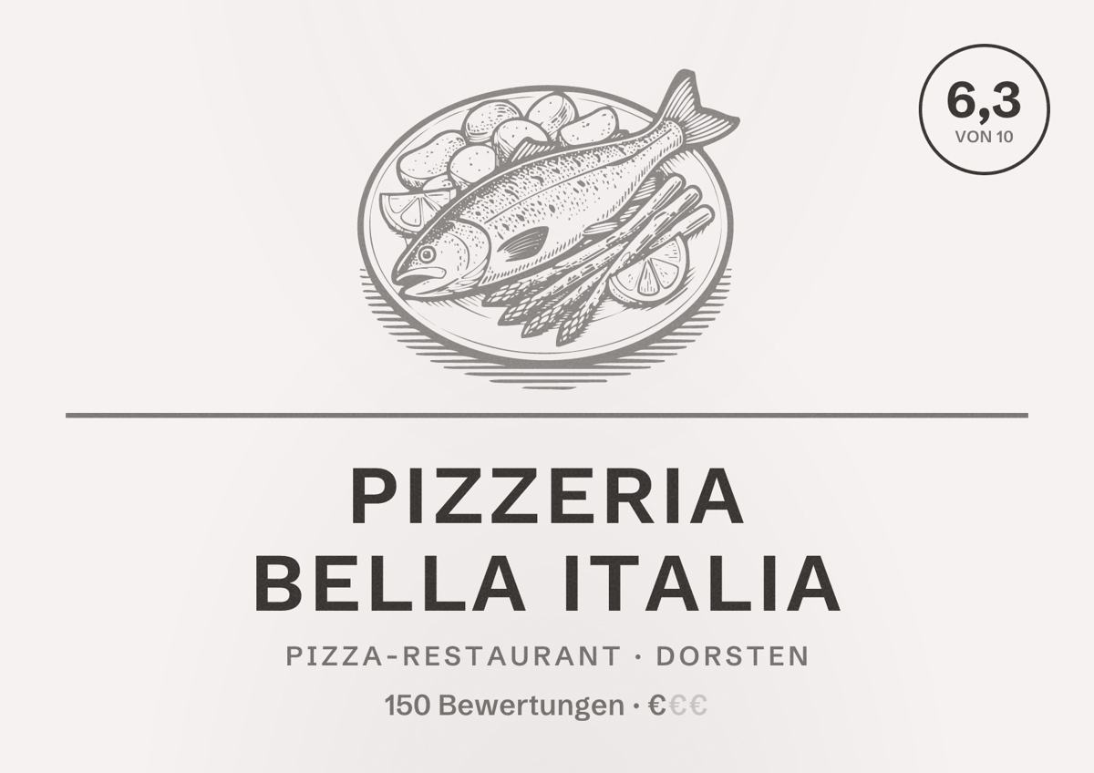 Illustriertes Poster von Pizzeria Bella Italia, Pizza-Restaurant in Dorsten: Bewertung 6,3 von 10 aus 150 Bewertungen, Preisniveau €
