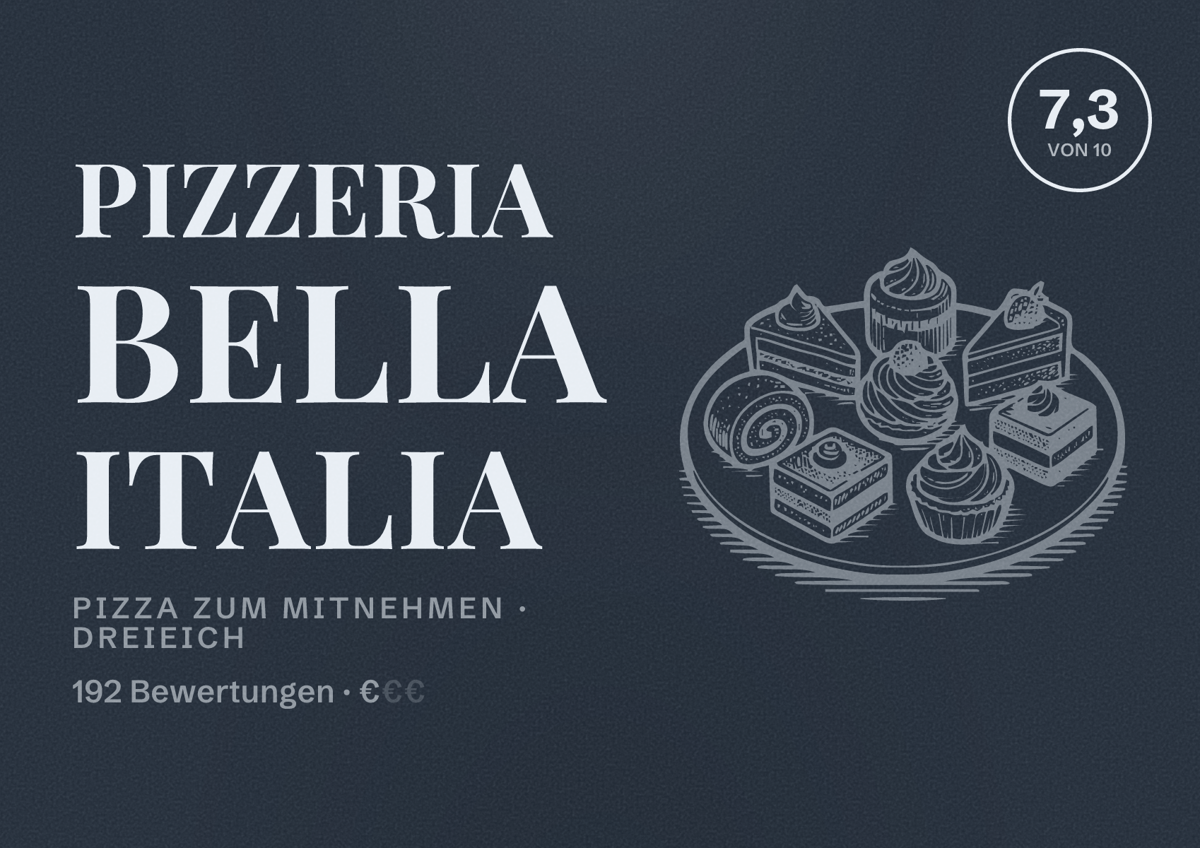 Illustriertes Poster von Pizzeria Bella Italia, Pizza zum Mitnehmen in Dreieich: Bewertung 7,3 von 10 aus 192 Bewertungen, Preisniveau €