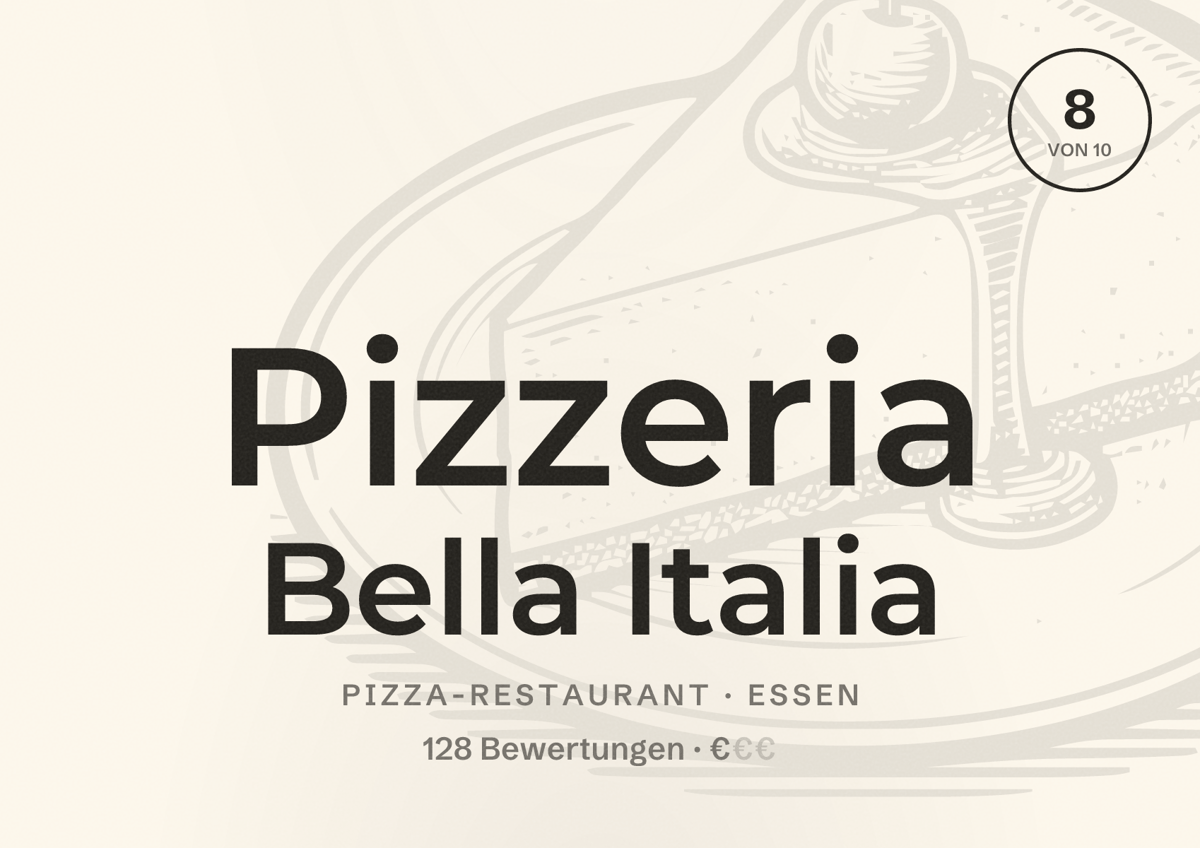 Illustriertes Poster von Pizzeria Bella Italia, Pizza-Restaurant in Essen: Bewertung 8 von 10 aus 128 Bewertungen, Preisniveau €