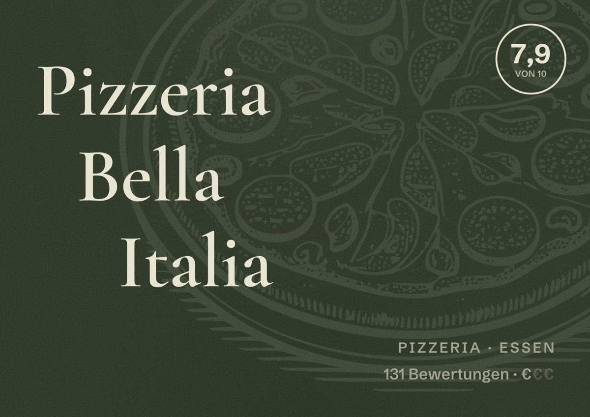 Illustriertes Poster von Pizzeria Bella Italia, Pizzeria in Essen: Bewertung 7,9 von 10 aus 131 Bewertungen, Preisniveau €