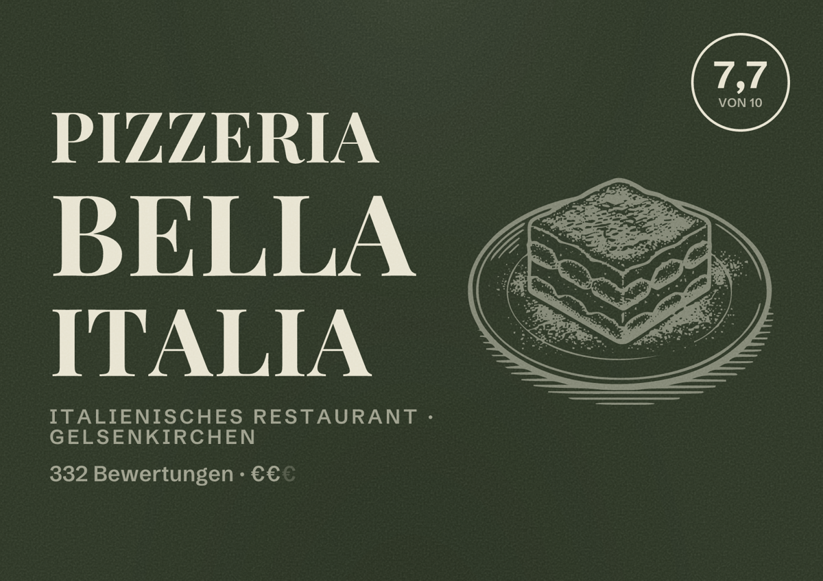 Illustriertes Poster von Pizzeria Bella Italia, Italienisches Restaurant in Gelsenkirchen: Bewertung 7,7 von 10 aus 332 Bewertungen, Preisniveau €€