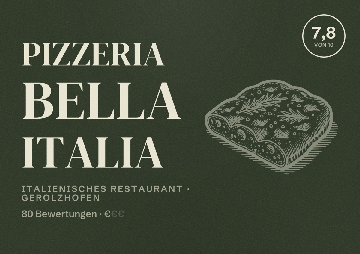 Illustriertes Poster von Pizzeria Bella Italia, Italienisches Restaurant in Gerolzhofen: Bewertung 7,8 von 10 aus 80 Bewertungen, Preisniveau €
