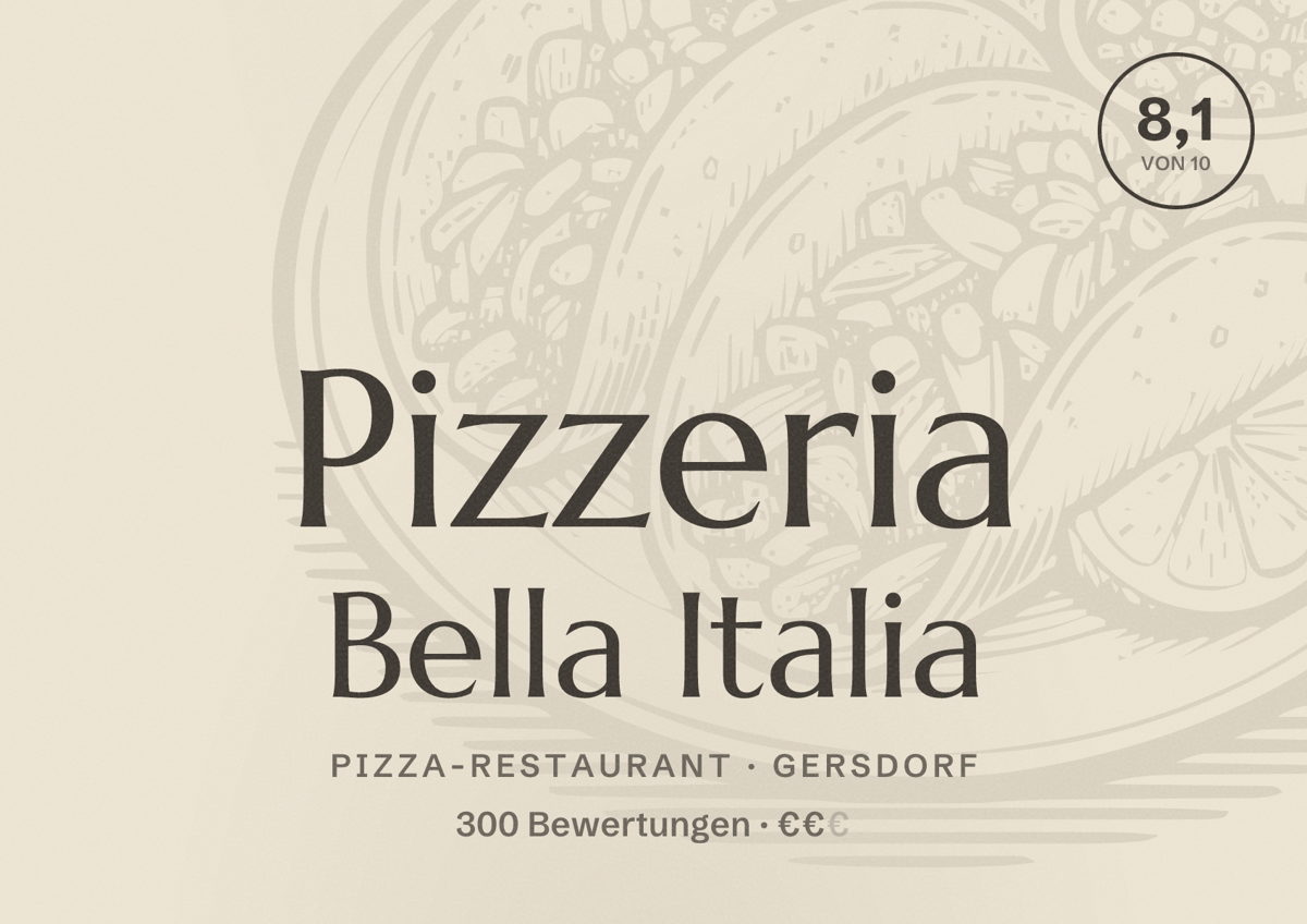Illustriertes Poster von Pizzeria Bella Italia, Pizza-Restaurant in Gersdorf: Bewertung 8,1 von 10 aus 300 Bewertungen, Preisniveau €€
