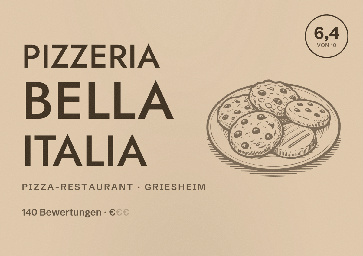 Illustriertes Poster von Pizzeria Bella Italia, Pizza-Restaurant in Griesheim: Bewertung 6,4 von 10 aus 140 Bewertungen, Preisniveau €