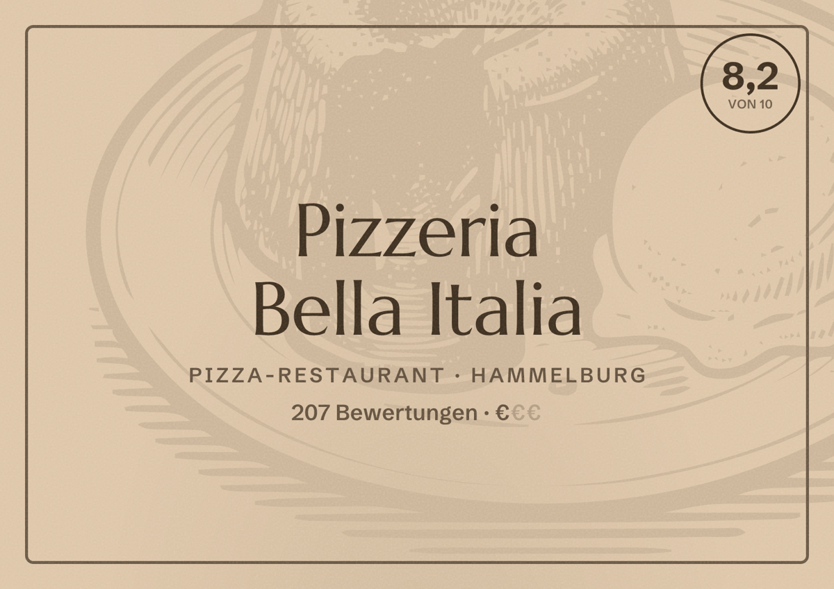Illustriertes Poster von Pizzeria Bella Italia, Pizza-Restaurant in Hammelburg: Bewertung 8,2 von 10 aus 207 Bewertungen, Preisniveau €