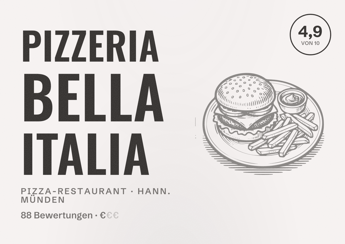 Illustriertes Poster von Pizzeria Bella Italia, Pizza-Restaurant in Hann. Münden: Bewertung 4,9 von 10 aus 88 Bewertungen, Preisniveau €