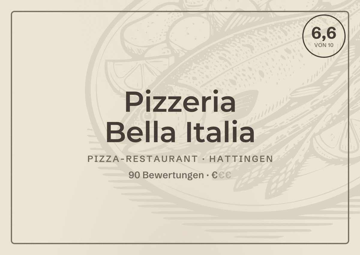 Illustriertes Poster von Pizzeria Bella Italia, Pizza-Restaurant in Hattingen: Bewertung 6,6 von 10 aus 90 Bewertungen, Preisniveau €