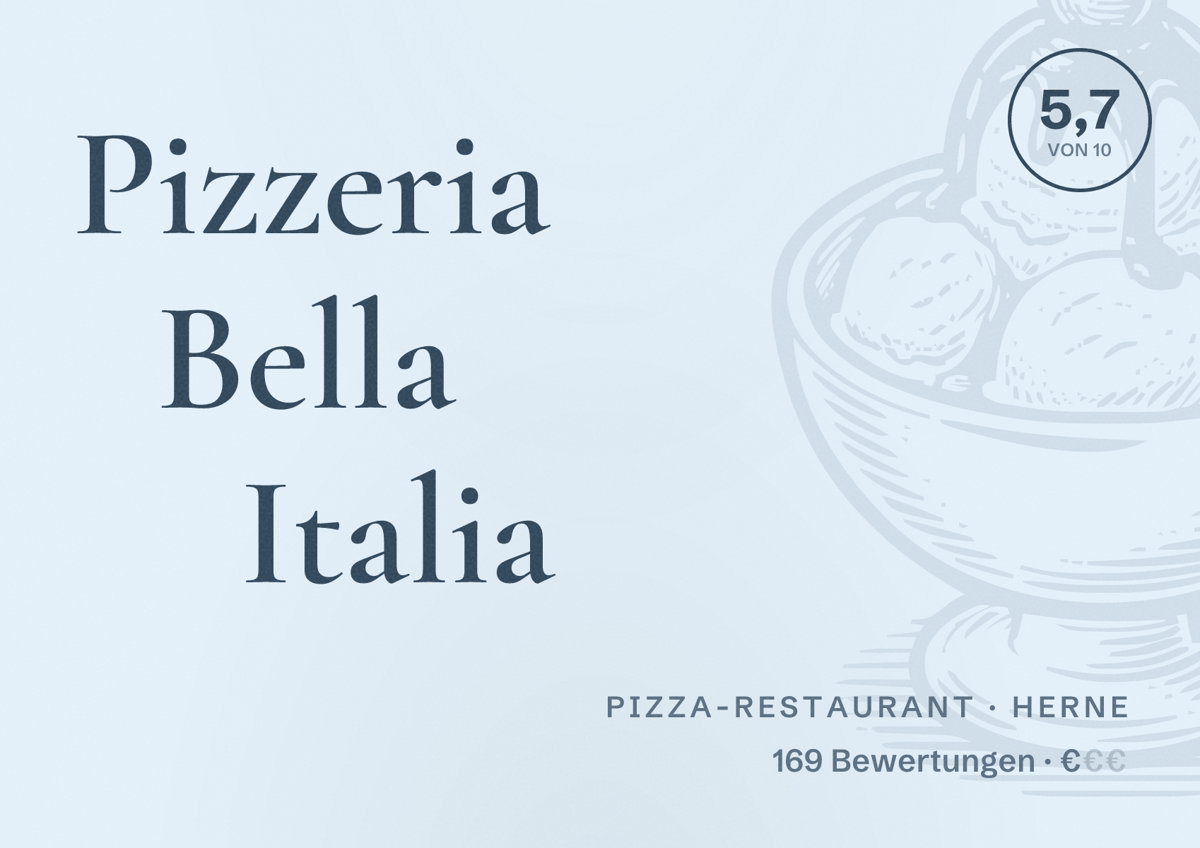 Illustriertes Poster von Pizzeria Bella Italia, Pizza-Restaurant in Herne: Bewertung 5,7 von 10 aus 169 Bewertungen, Preisniveau €