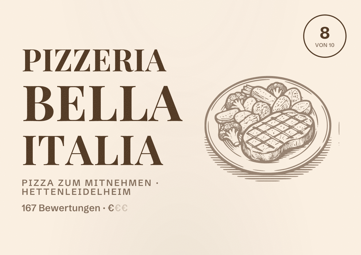 Illustriertes Poster von Pizzeria Bella Italia, Pizza zum Mitnehmen in Hettenleidelheim: Bewertung 8 von 10 aus 167 Bewertungen, Preisniveau €