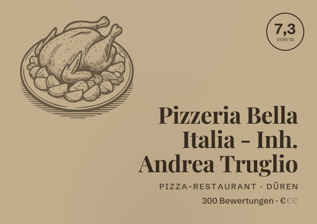 Illustriertes Poster von Pizzeria Bella Italia - Inh. Andrea Truglio, Pizza-Restaurant in Düren: Bewertung 7,3 von 10 aus 300 Bewertungen, Preisniveau €