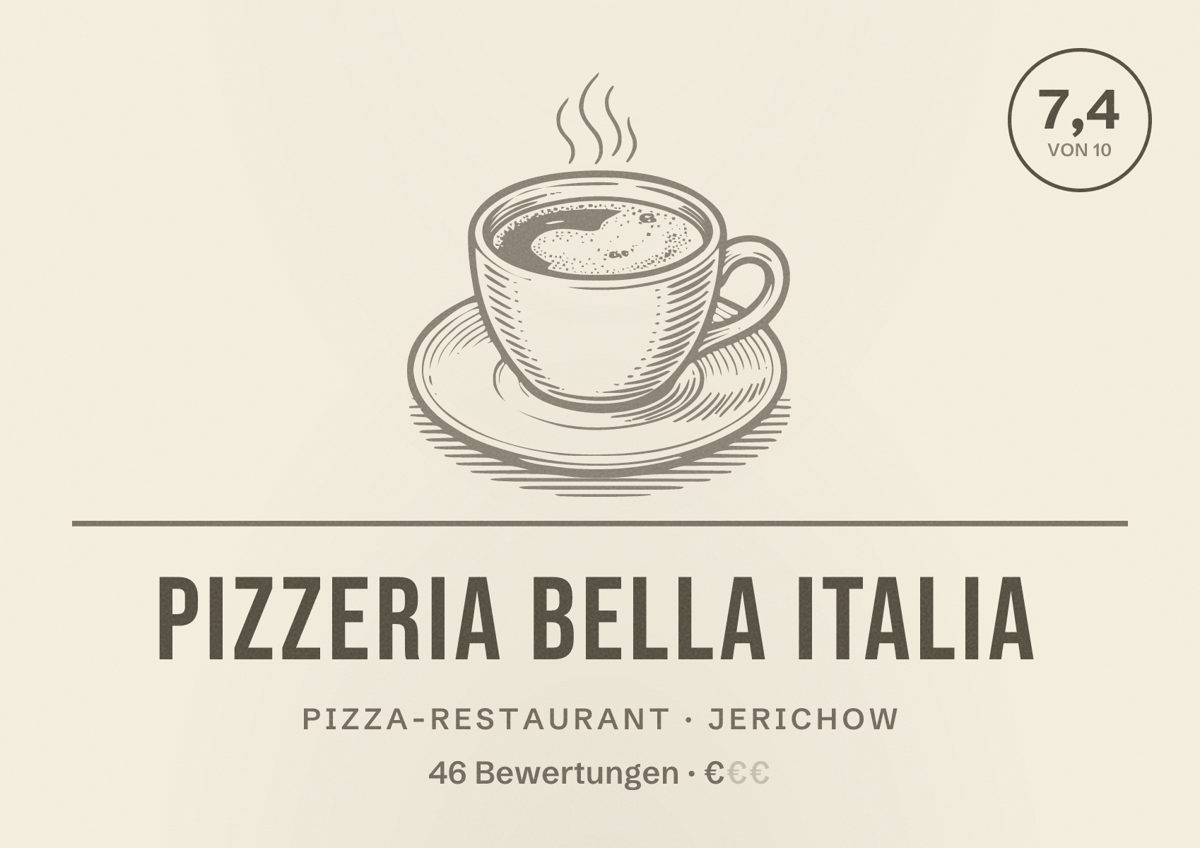 Illustriertes Poster von Pizzeria Bella Italia, Pizza-Restaurant in Jerichow: Bewertung 7,4 von 10 aus 46 Bewertungen, Preisniveau €