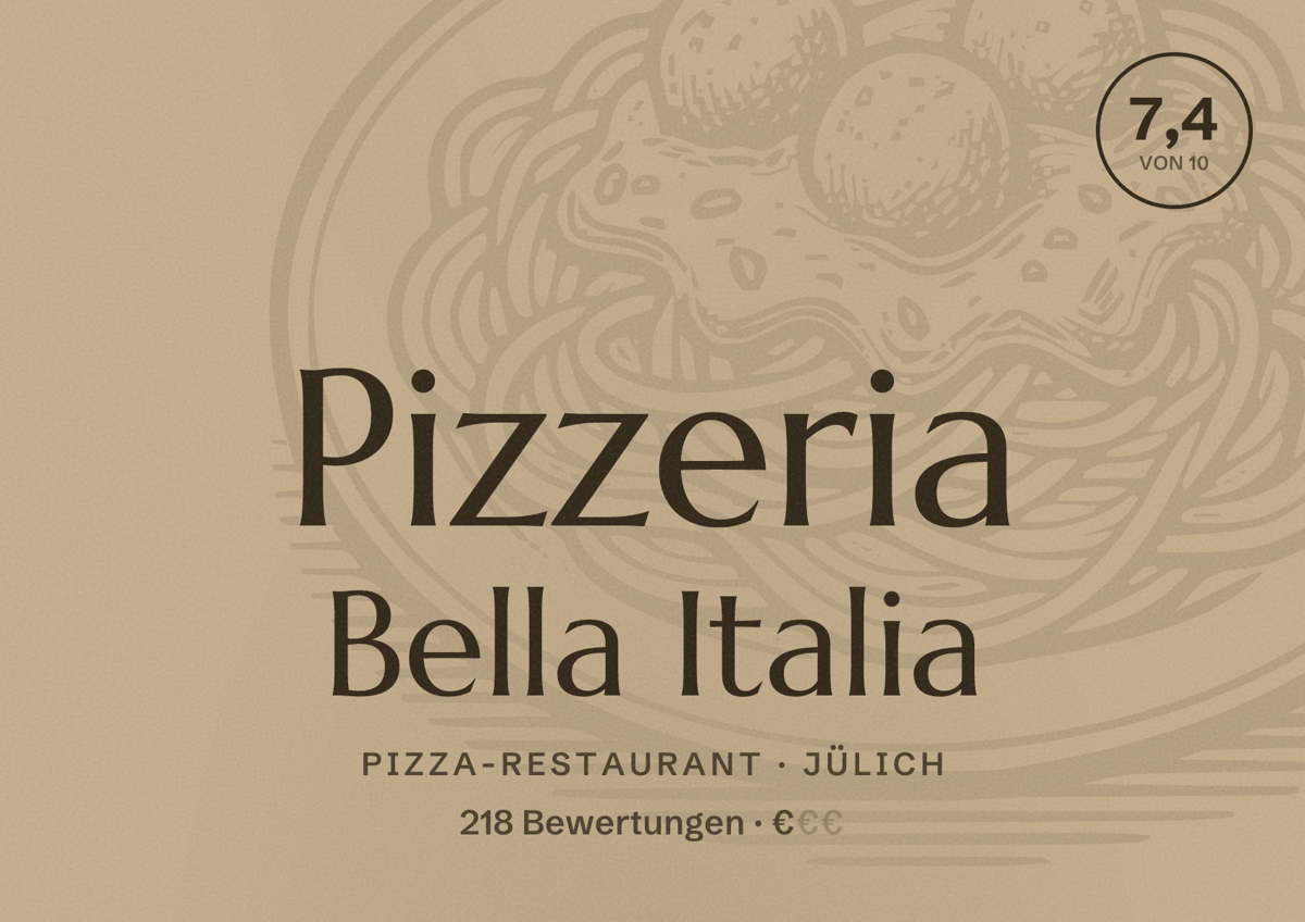 Illustriertes Poster von Pizzeria Bella Italia, Pizza-Restaurant in Jülich: Bewertung 7,4 von 10 aus 218 Bewertungen, Preisniveau €