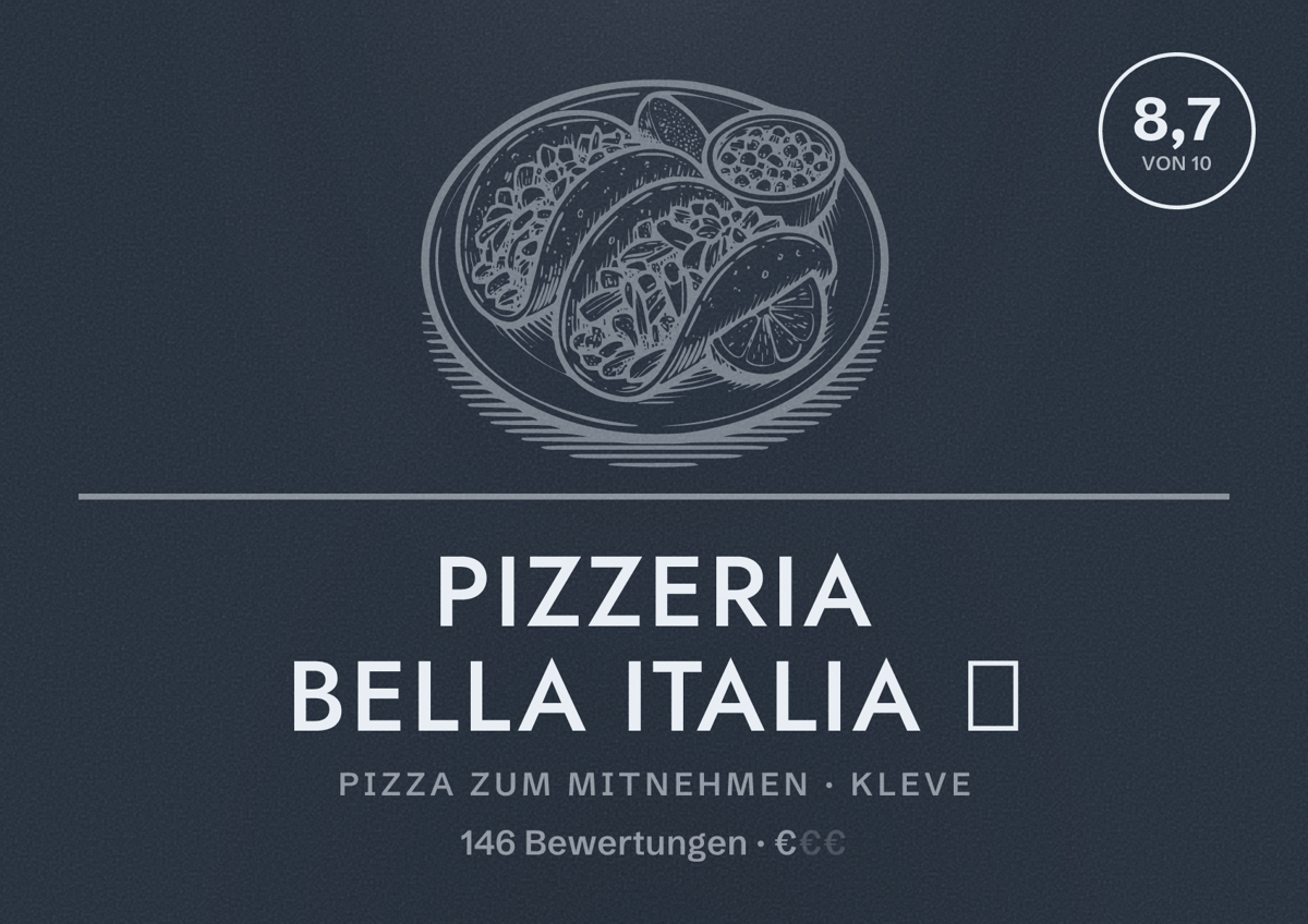 Illustriertes Poster von Pizzeria Bella Italia 🍕, Pizza zum Mitnehmen in Kleve: Bewertung 8,7 von 10 aus 146 Bewertungen, Preisniveau €
