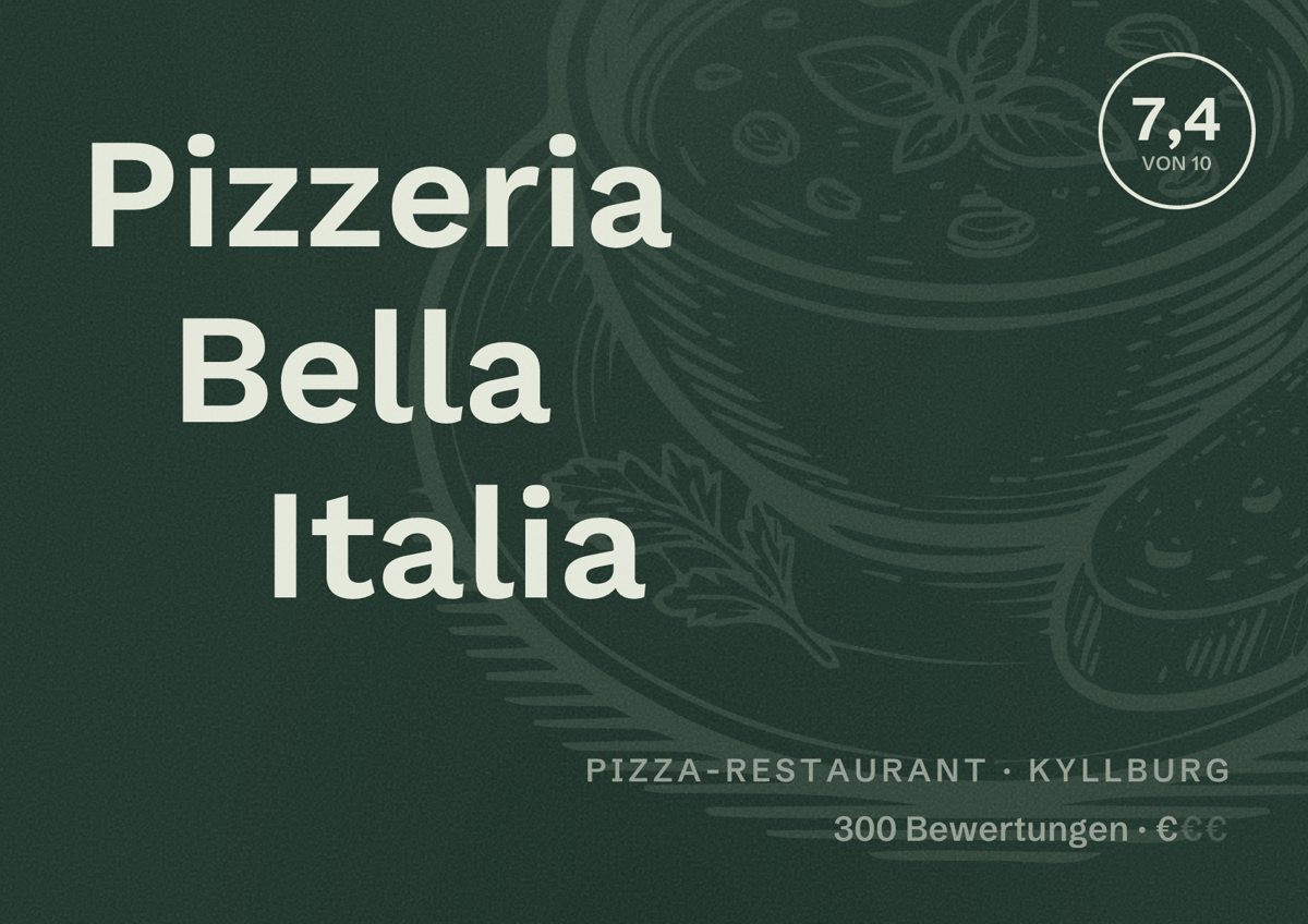 Illustriertes Poster von Pizzeria Bella Italia, Pizza-Restaurant in Kyllburg: Bewertung 7,4 von 10 aus 300 Bewertungen, Preisniveau €
