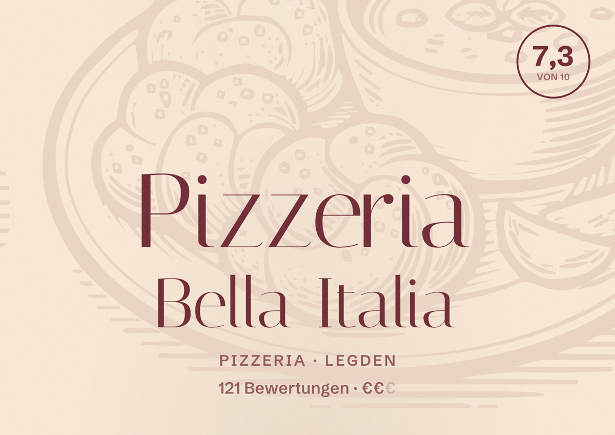 Illustriertes Poster von Pizzeria Bella Italia, Pizzeria in Legden: Bewertung 7,3 von 10 aus 121 Bewertungen, Preisniveau €€