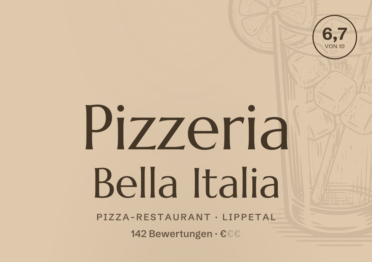 Illustriertes Poster von Pizzeria Bella Italia, Pizza-Restaurant in Lippetal: Bewertung 6,7 von 10 aus 142 Bewertungen, Preisniveau €