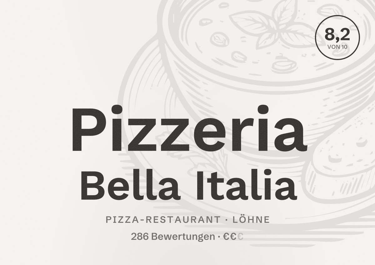 Illustriertes Poster von Pizzeria Bella Italia, Pizza-Restaurant in Löhne: Bewertung 8,2 von 10 aus 286 Bewertungen, Preisniveau €€