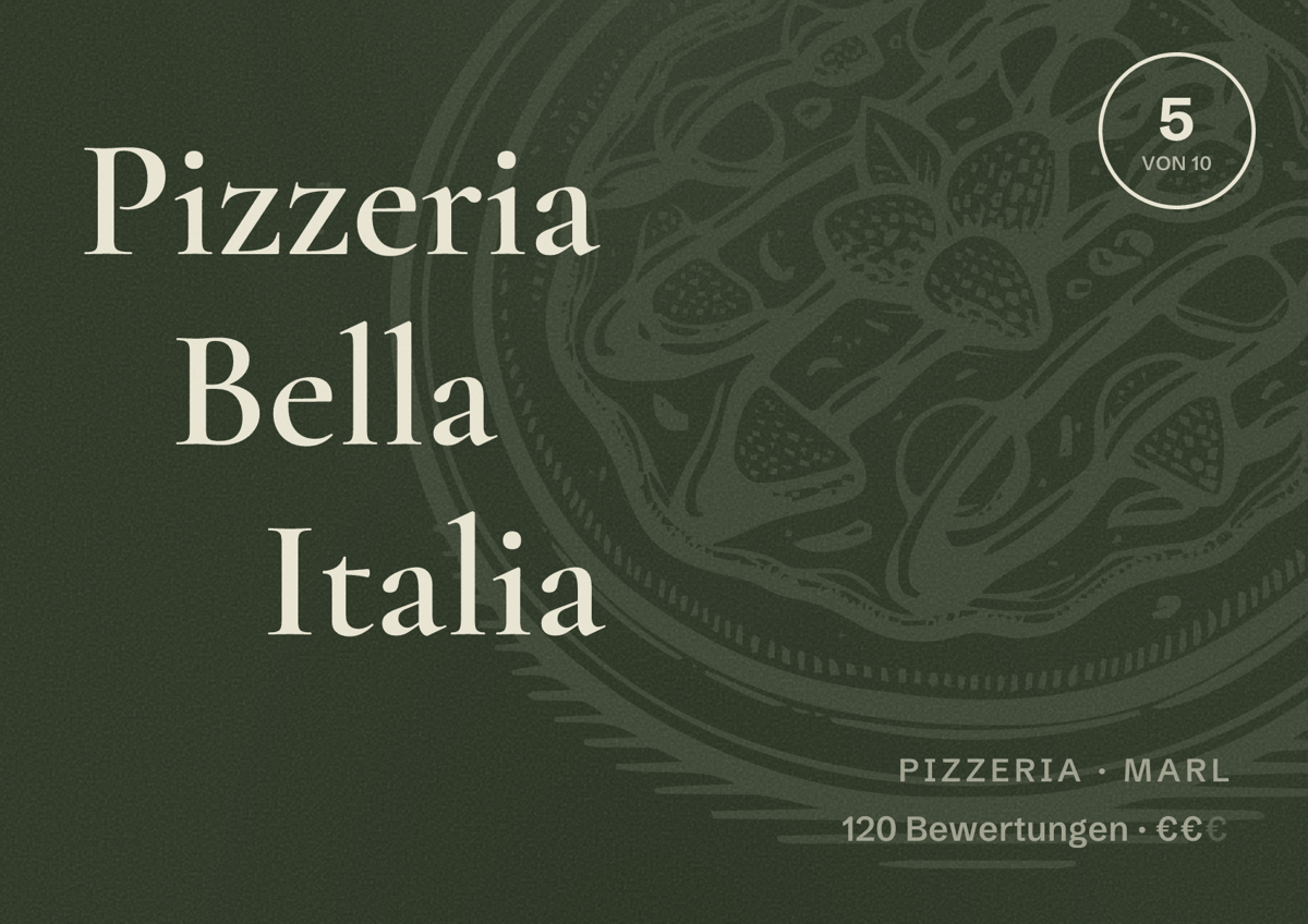 Illustriertes Poster von Pizzeria Bella Italia, Pizzeria in Marl: Bewertung 5 von 10 aus 120 Bewertungen, Preisniveau €€