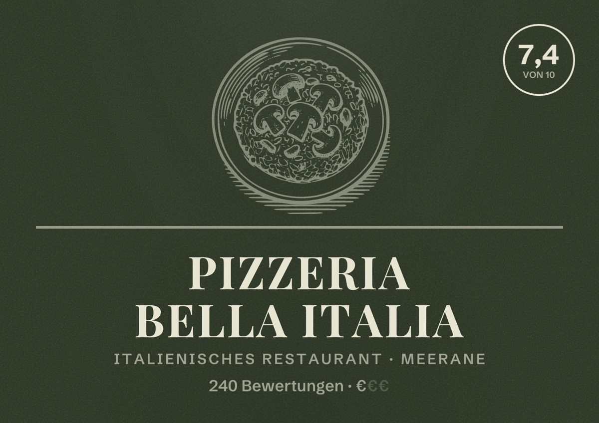 Illustriertes Poster von Pizzeria Bella Italia, Italienisches Restaurant in Meerane: Bewertung 7,4 von 10 aus 240 Bewertungen, Preisniveau €