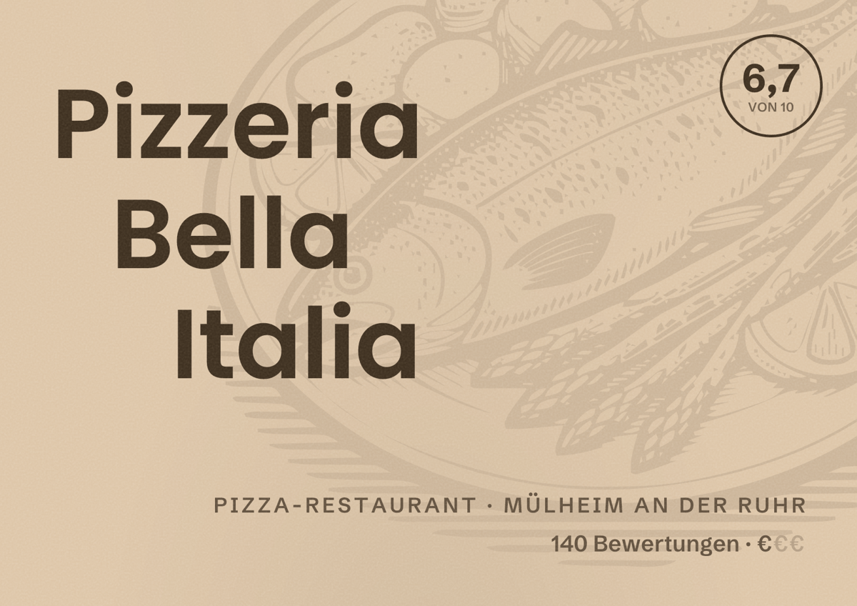 Illustriertes Poster von Pizzeria Bella Italia, Pizza-Restaurant in Mülheim an der Ruhr: Bewertung 6,7 von 10 aus 140 Bewertungen, Preisniveau €