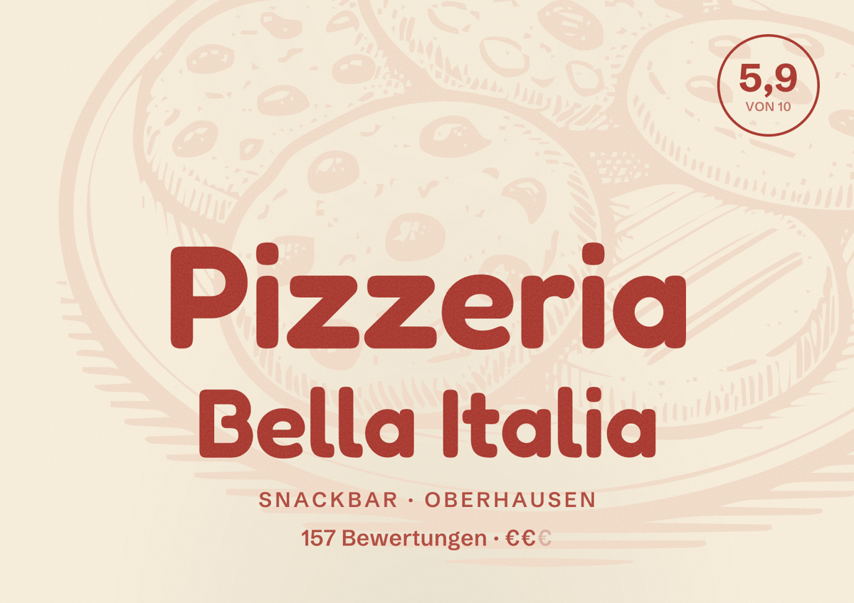 Illustriertes Poster von Pizzeria Bella Italia, Snackbar in Oberhausen: Bewertung 5,9 von 10 aus 157 Bewertungen, Preisniveau €€