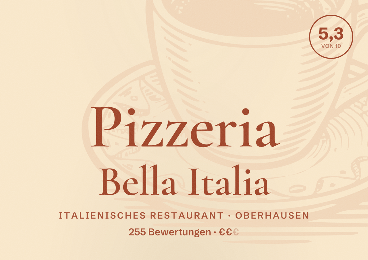 Illustriertes Poster von Pizzeria Bella Italia, Italienisches Restaurant in Oberhausen: Bewertung 5,3 von 10 aus 255 Bewertungen, Preisniveau €€