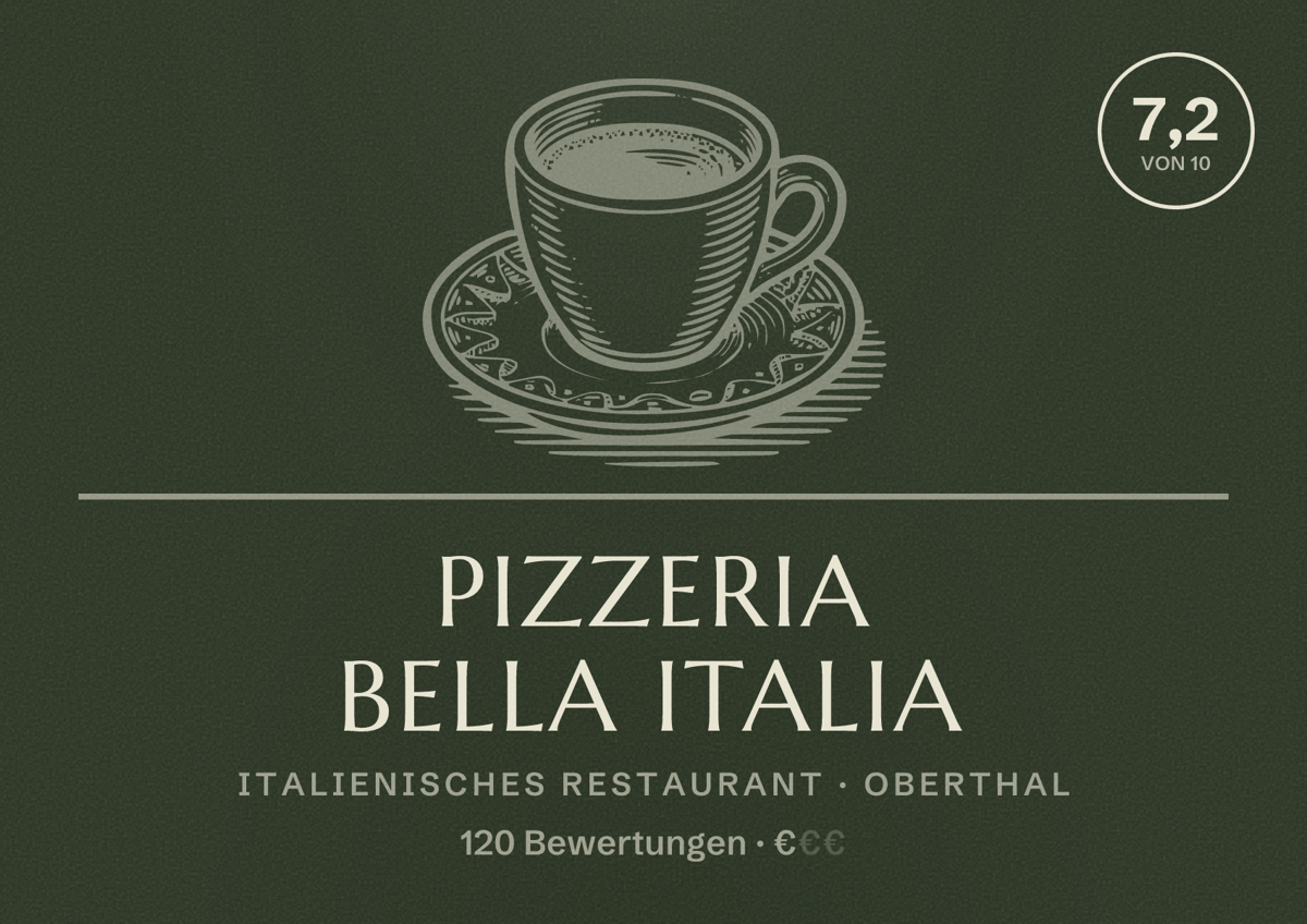 Illustriertes Poster von Pizzeria Bella Italia, Italienisches Restaurant in Oberthal: Bewertung 7,2 von 10 aus 120 Bewertungen, Preisniveau €