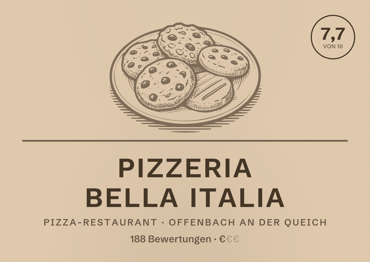 Illustriertes Poster von Pizzeria Bella Italia, Pizza-Restaurant in Offenbach an der Queich: Bewertung 7,7 von 10 aus 188 Bewertungen, Preisniveau €