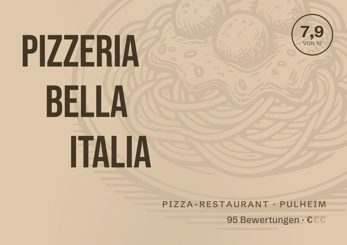 Illustriertes Poster von Pizzeria Bella Italia, Pizza-Restaurant in Pulheim: Bewertung 7,9 von 10 aus 95 Bewertungen, Preisniveau €