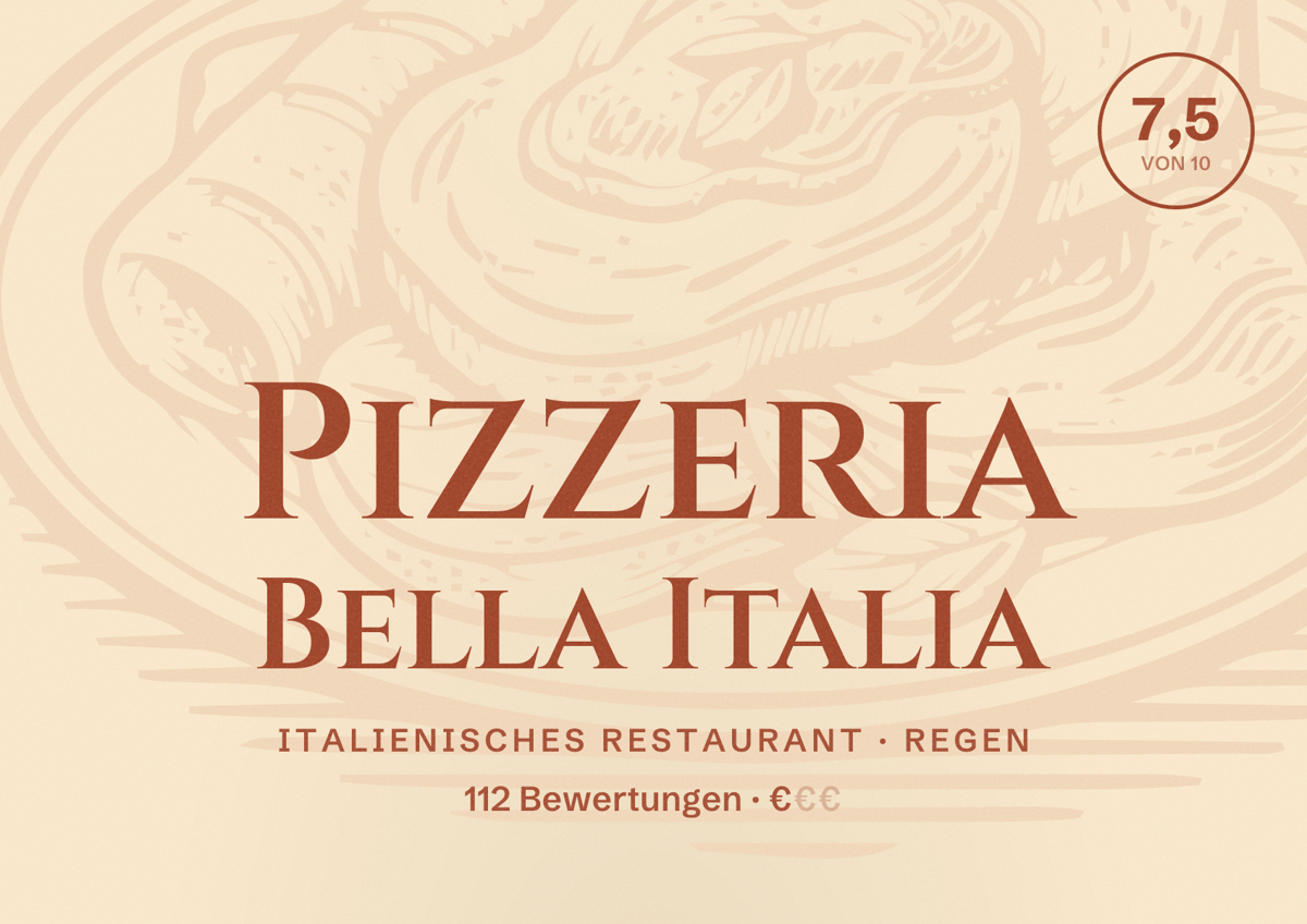 Illustriertes Poster von Pizzeria Bella Italia, Italienisches Restaurant in Regen: Bewertung 7,5 von 10 aus 112 Bewertungen, Preisniveau €