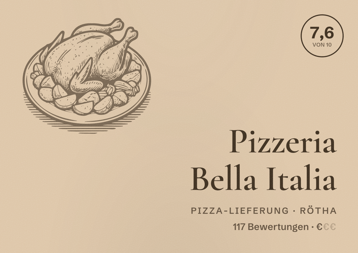 Illustriertes Poster von Pizzeria Bella Italia, Pizza-Lieferung in Rötha: Bewertung 7,6 von 10 aus 117 Bewertungen, Preisniveau €