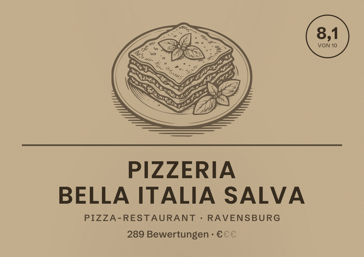 Illustriertes Poster von Pizzeria Bella Italia Salva, Pizza-Restaurant in Ravensburg: Bewertung 8,1 von 10 aus 289 Bewertungen, Preisniveau €