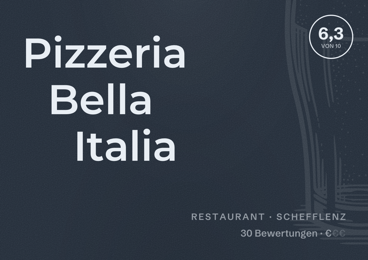 Illustriertes Poster von Pizzeria Bella Italia, Restaurant in Schefflenz: Bewertung 6,3 von 10 aus 30 Bewertungen, Preisniveau €