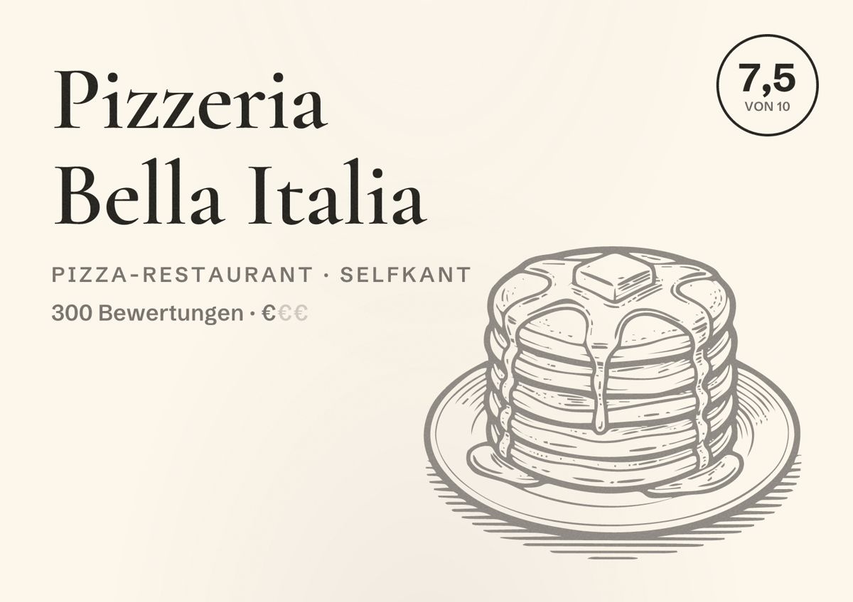 Illustriertes Poster von Pizzeria Bella Italia, Pizza-Restaurant in Selfkant: Bewertung 7,5 von 10 aus 300 Bewertungen, Preisniveau €
