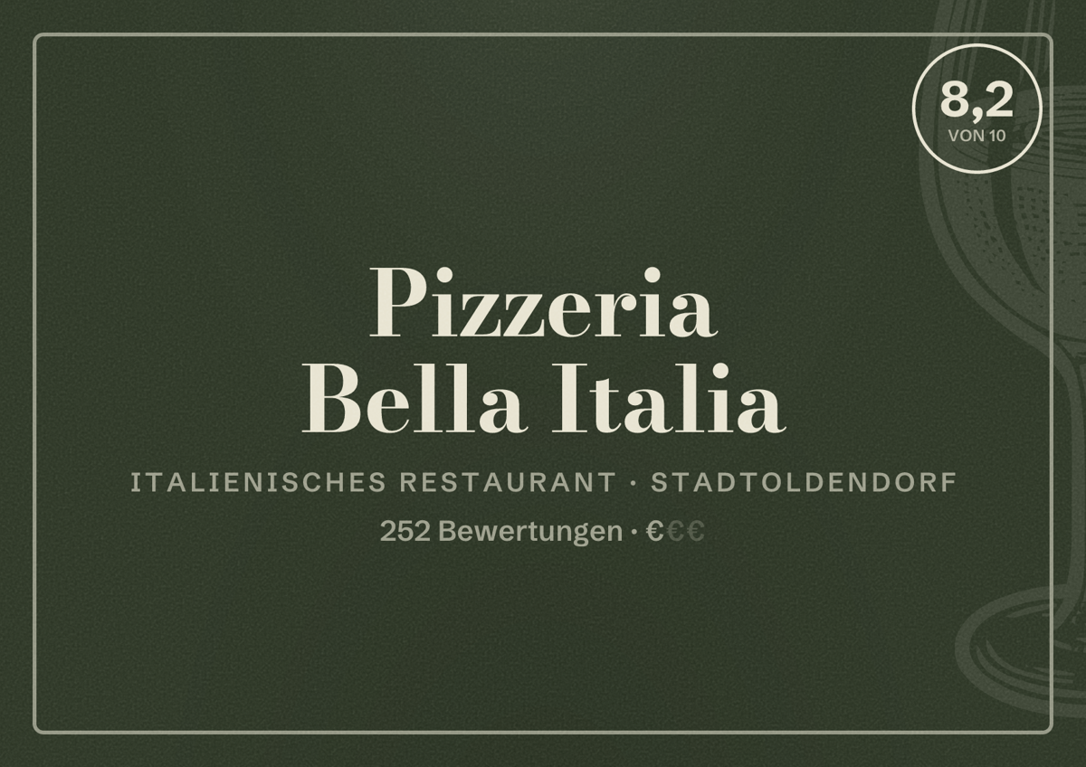 Illustriertes Poster von Pizzeria Bella Italia, Italienisches Restaurant in Stadtoldendorf: Bewertung 8,2 von 10 aus 252 Bewertungen, Preisniveau €
