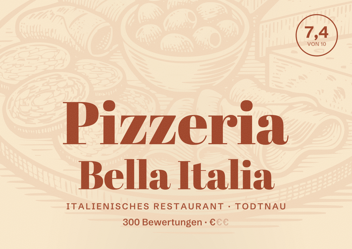 Illustriertes Poster von Pizzeria Bella Italia, Italienisches Restaurant in Todtnau: Bewertung 7,4 von 10 aus 300 Bewertungen, Preisniveau €